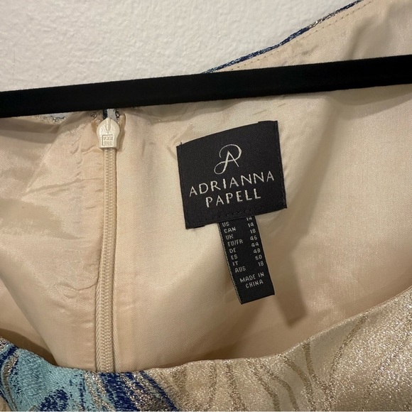 Adrianna Papell Blue Floral Gold Metallic Square Neck Midi Dress 14 - Picture 4 of 6